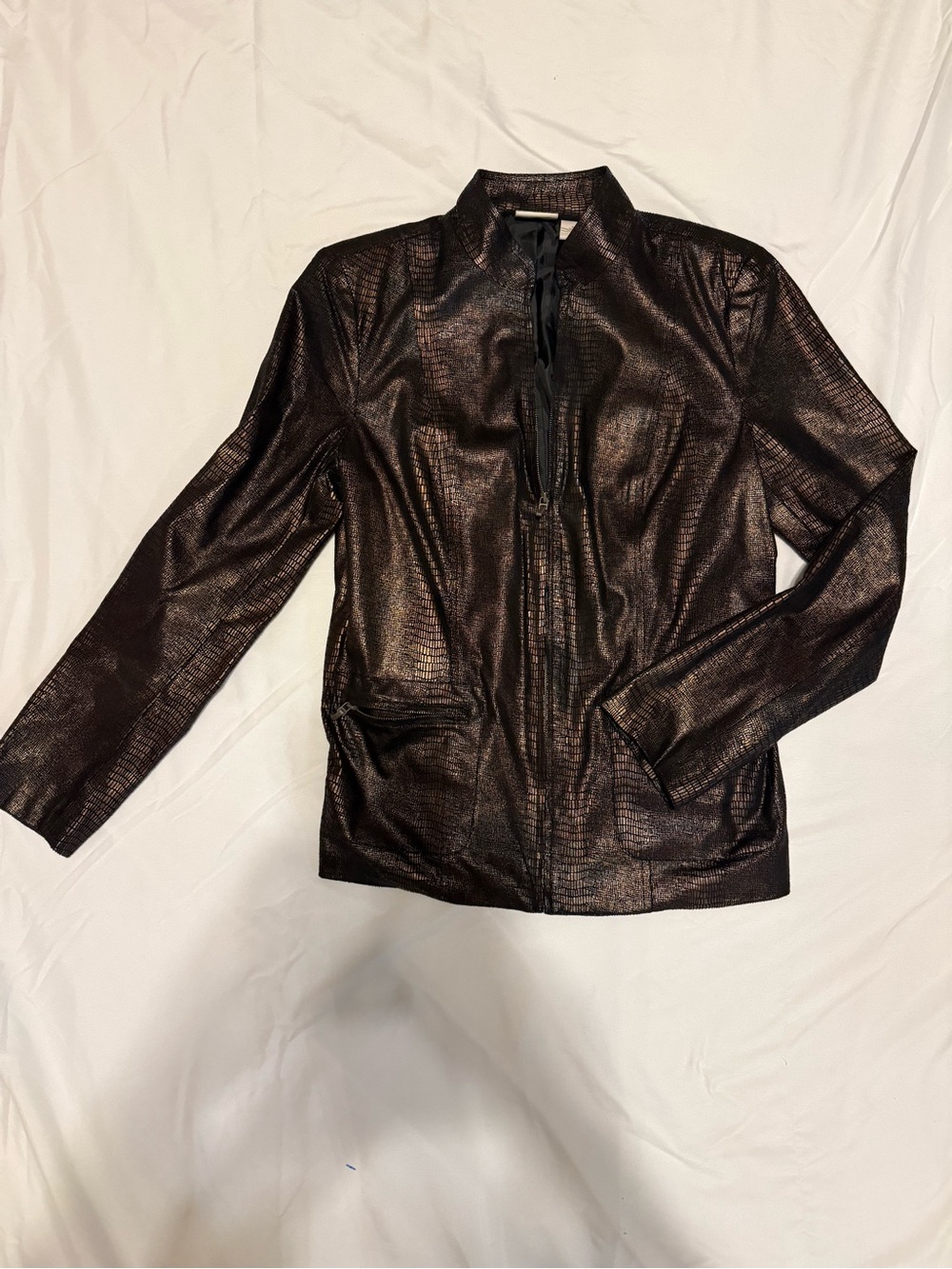 Kim Rogers Metallic Textured Brown Zip-Front Jacket